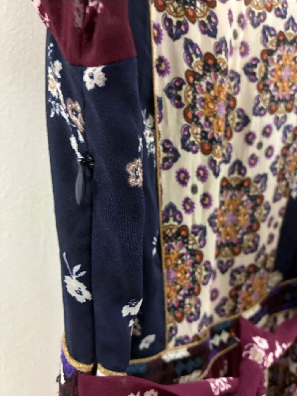 Maeve Anthropologie- Boho Floral Patchwork Dress - Burgundy & Navy - small